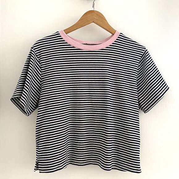 Things Between Striped Tee – Black & White with Pink Collar (Size M) - Picture 1 of 8